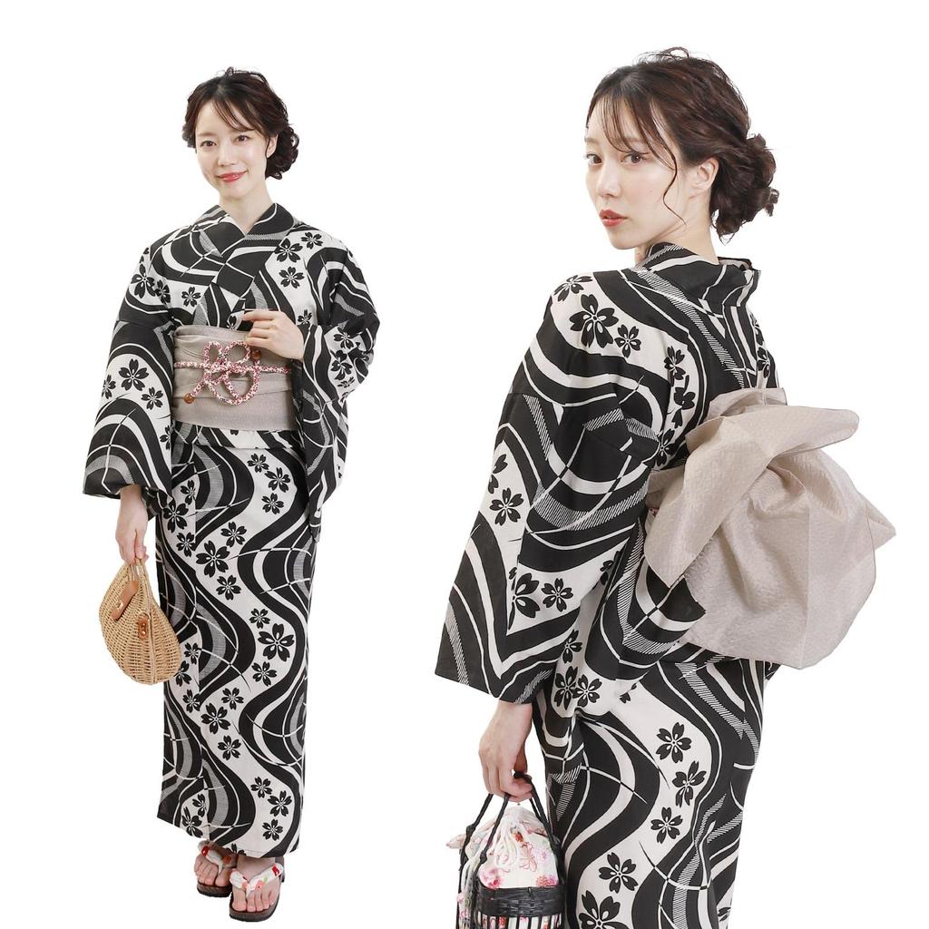 Yukata Set of One Size Fits Sakura Ryusui x Heiko Obi in [Fuuka] Women's 2, Adults, Most, (Black) (Made Japan/Sand Beige)