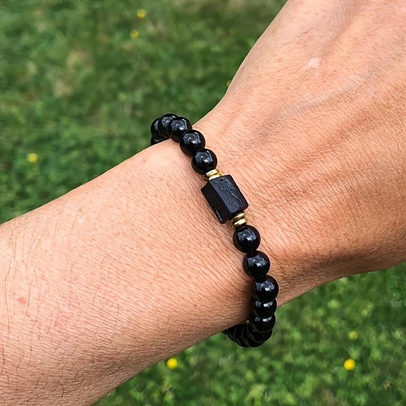 Natural Raw Stone Black Beaded Bracelet | Crystal Protection Jewelry, Vintage Style, Suitable for Men and Women