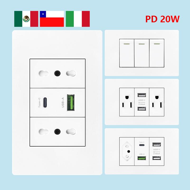 

Italy Chile Mexico USB Smart Type-c 20W Fast Charging Wall Outlet plug,Brazil Electric Light Switch Panel Universal usb c Socket 110-250V