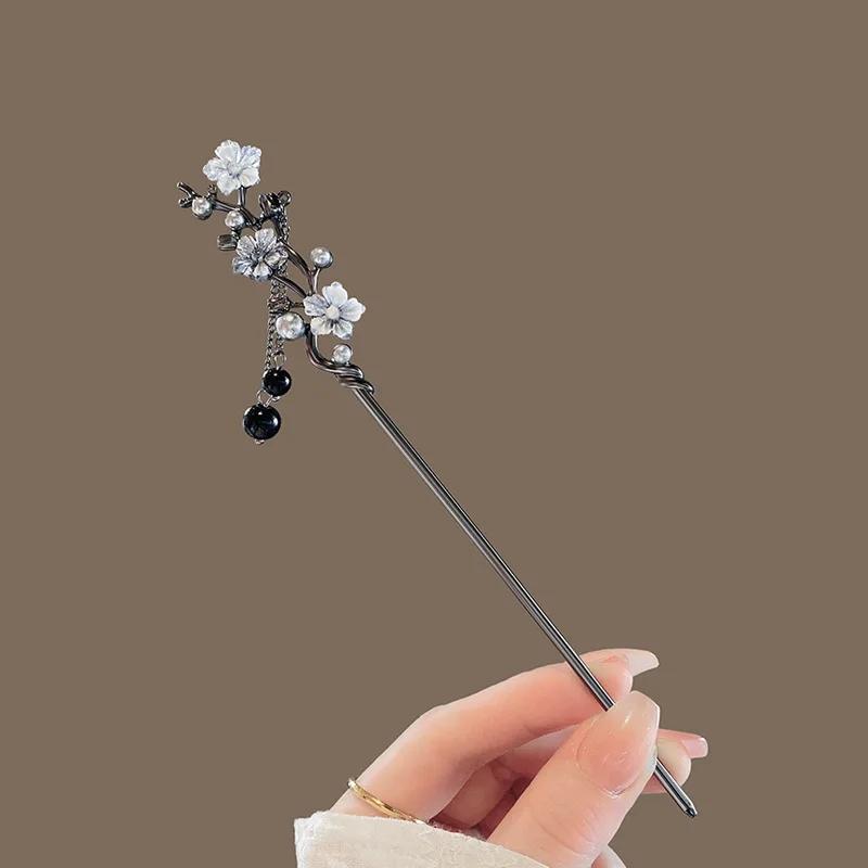 Moderner Haarstab Tinte Blume Metall Quaste Haarnadel Gabeln für Frauen Schwarze Perlen Fransen Haarspange Neu Chinesisch Hanfu Haarschmuck