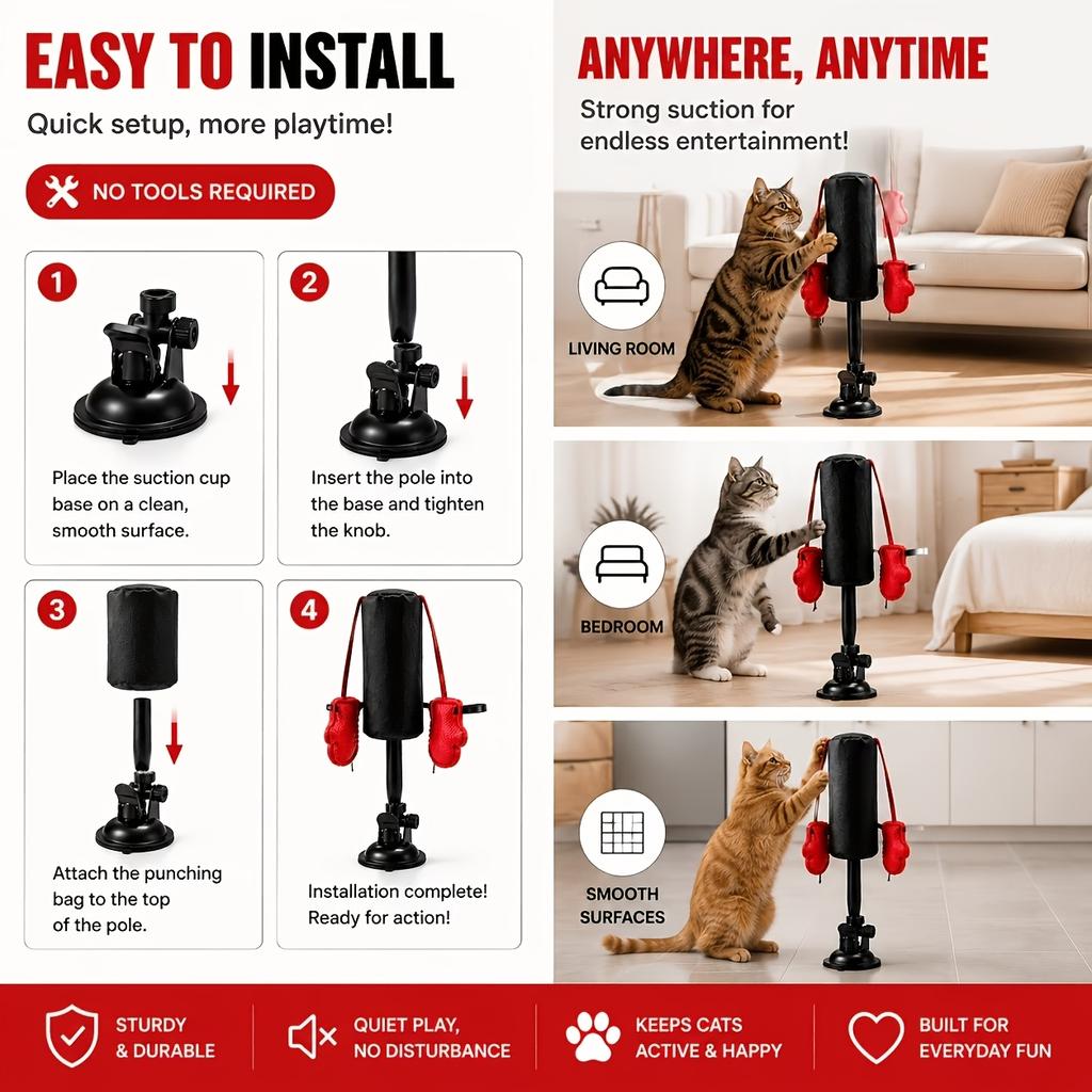 Suction Cup Cat Punching Bag Toy with 2pcs Boxing Gloves, Spring-Loaded Interactive Self-Play Cat Toy, Suitable for Indoor Cats and Kittens