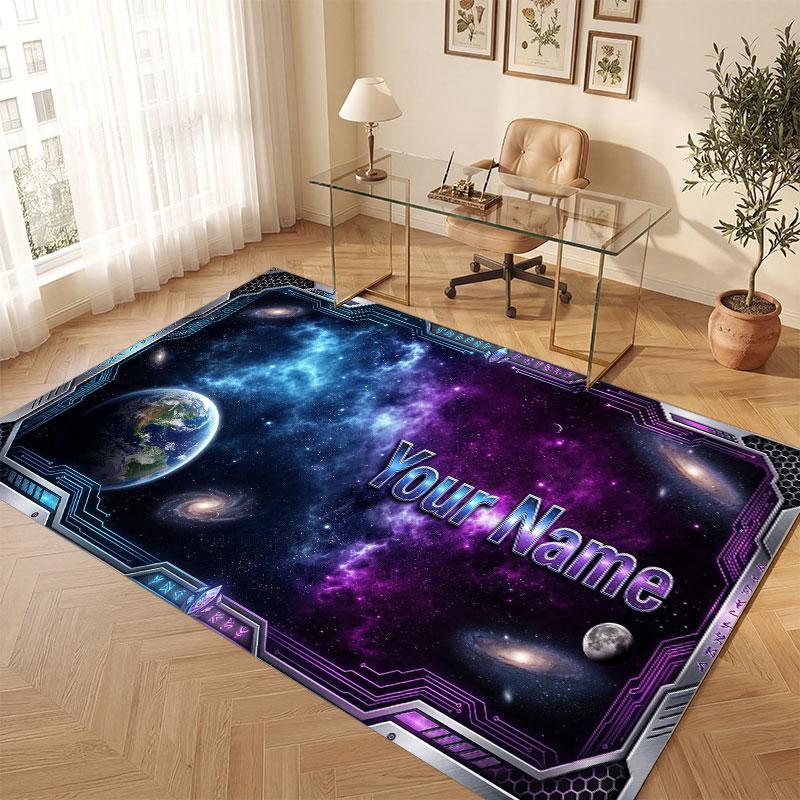 Space Cosmic Theme Crystal Velvet Floor Rug Personalized Custom Name Text Warm Carpet Home Decoration