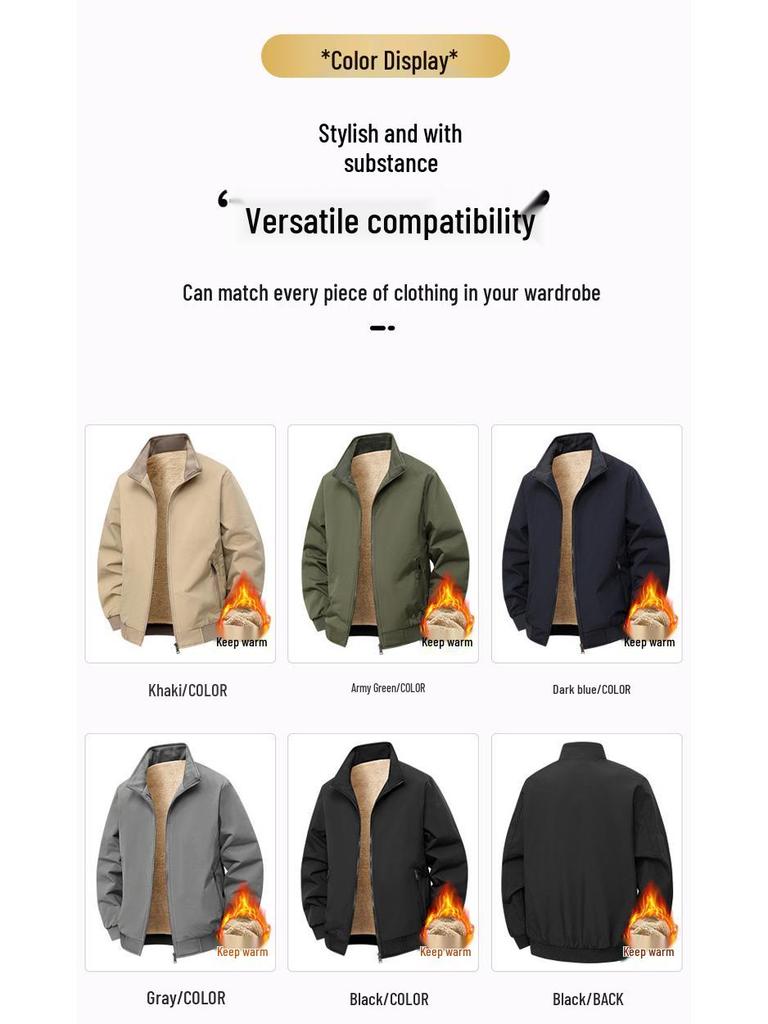 Men's Winter Fleece-Lined Stand Collar Jacket: Warm, Thick, Casual Fashion for Middle-Aged