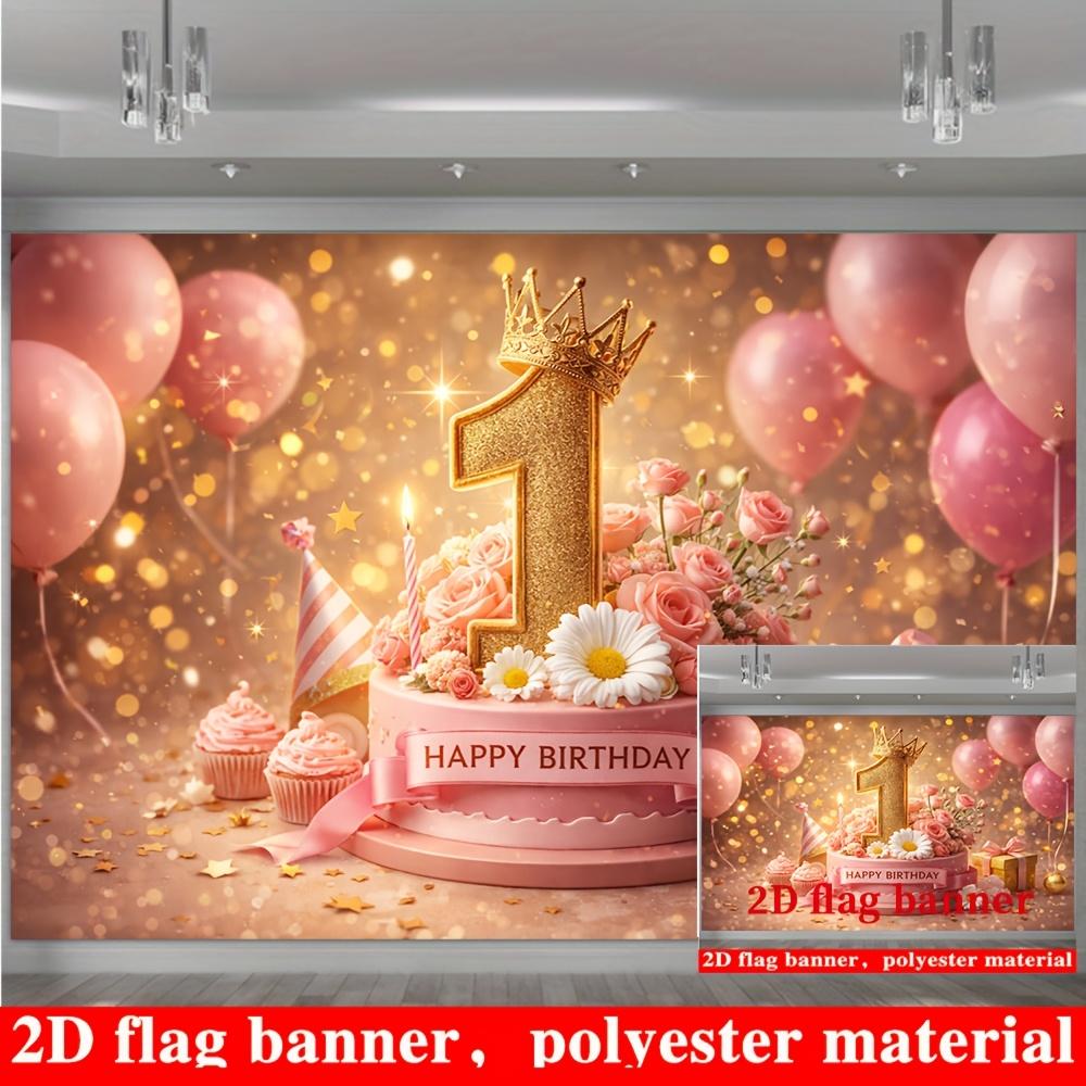 1st Birthday Banner Backdrop Gold Number 1 Crown Pink Balloons Roses Cake