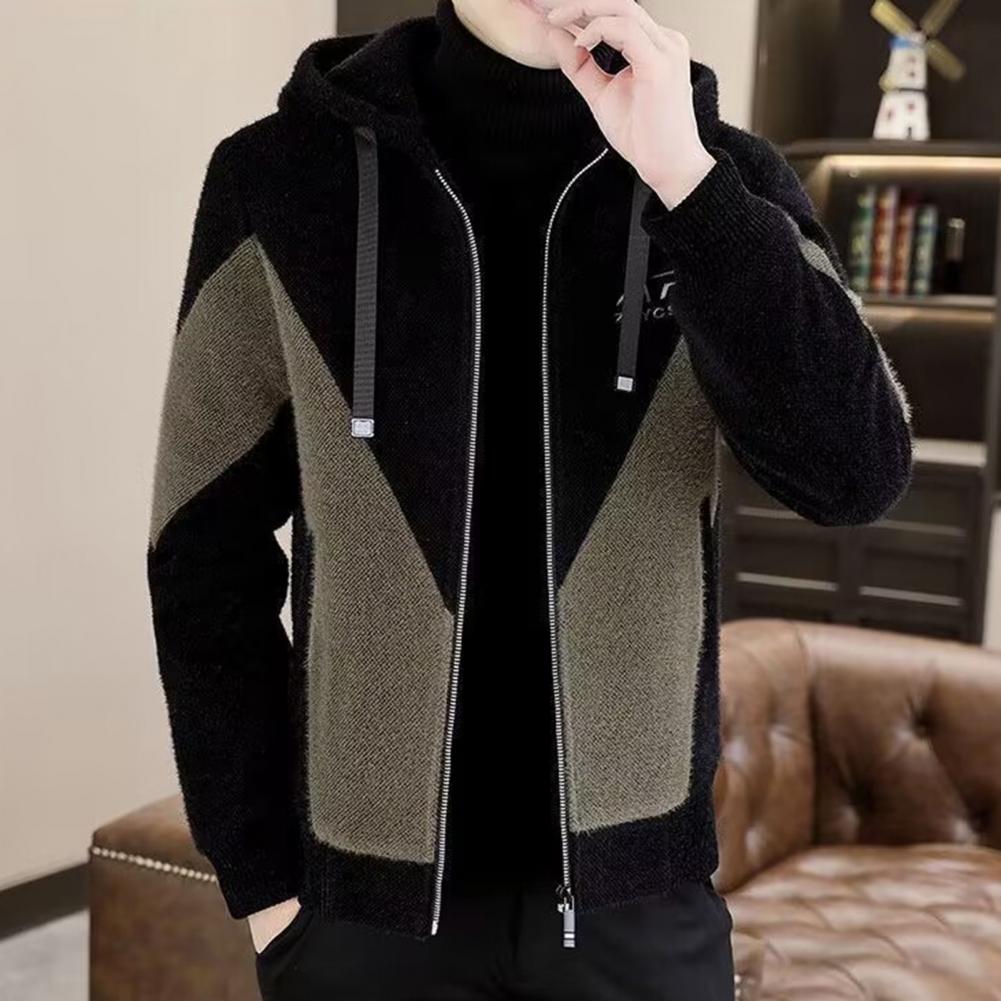 Men Outdoor Windproof Jacket Men's Hooded Drawstring Jacket with Color Matching Thick Soft Winter Coat for Plus Size Long Sleeve