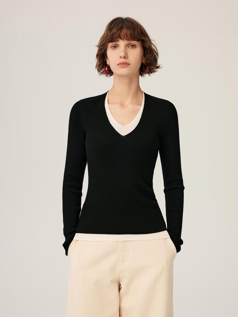 Women's Pure Wool V-Neck Slim Fit Long Sleeve Knit Sweater