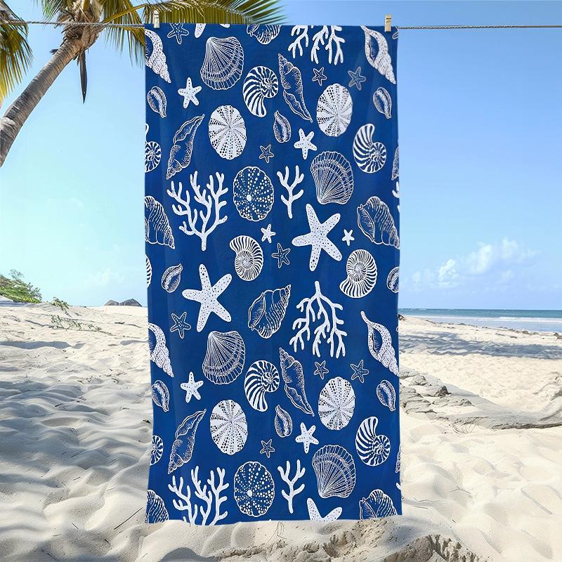 Navy Blue Seashell Beach Towel, White Starfish & Coral Print Quick-Dry Towel