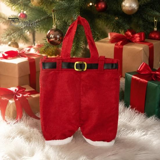 Christmas Party Favor Bags Santa Pants Shaped Candy Bag, Large Wine Bottle Holder with Festive Fabric Decorations Handle, Holiday Treat Tote