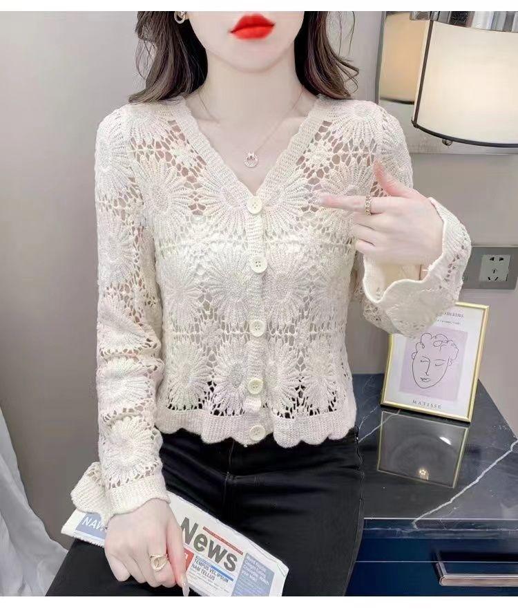 Summer Women's Thin Knit Sweater Long Sleeve Short Sun Protection Jacket Lace Cut-out Knitted Cardigan Coat