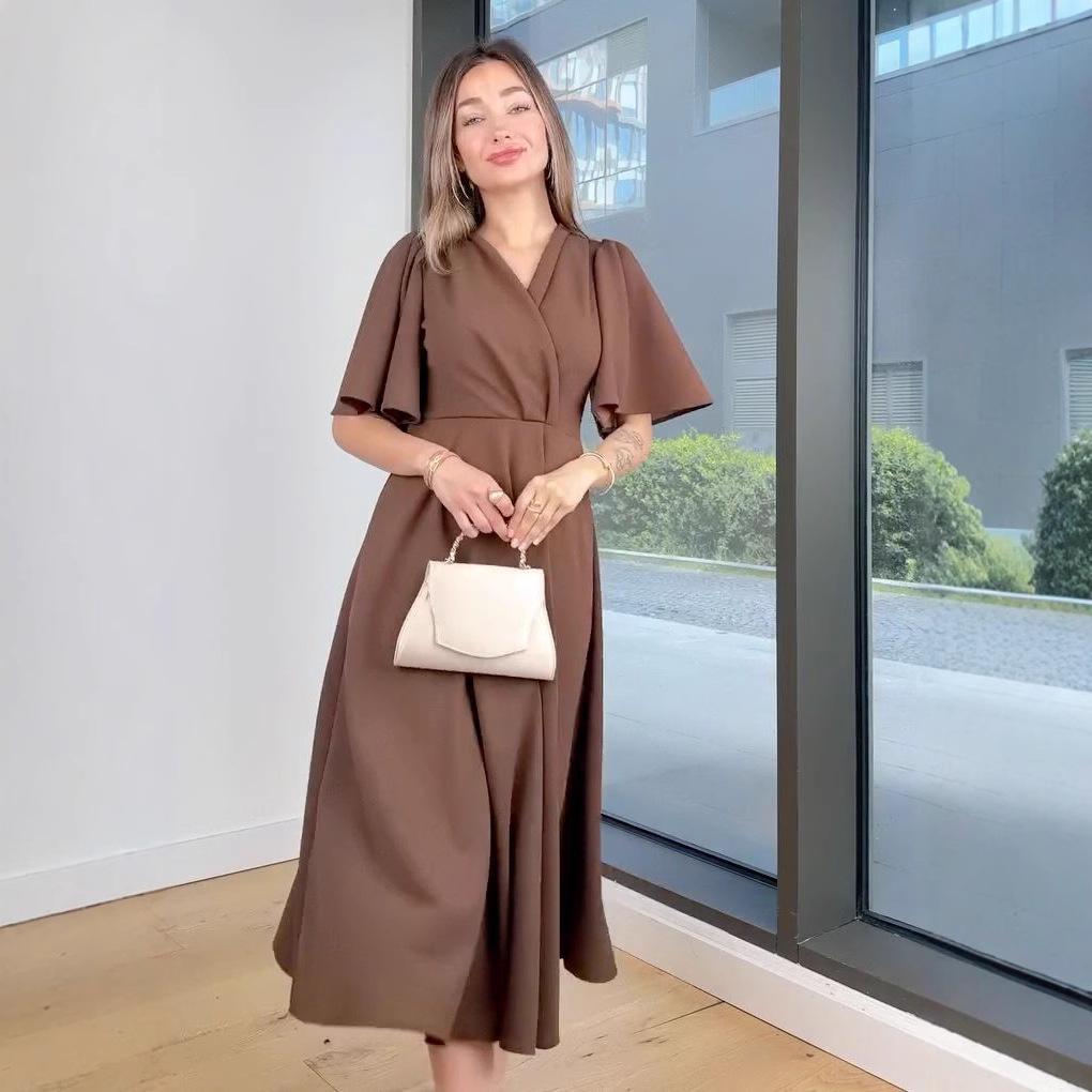 2025 Summer New Women's V-neck Solid Color Waist-cinching Dress