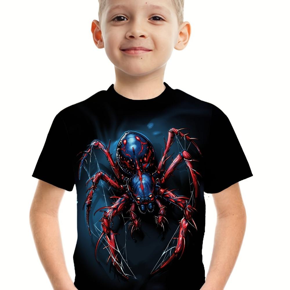 Boys Short-Sleeve T-Shirt with 3D Spider Animal Print, Children s Summer Casual Fashion Top 130