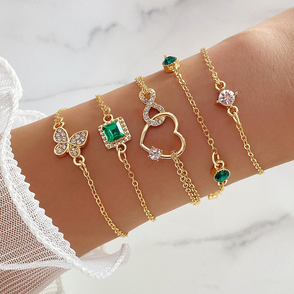5Pcs/Set Green Shiny Charm Bracelet for Women Crystal Zircon Jewelry Adjustable Luxury Trendy Bracelet  Daily Decoration
