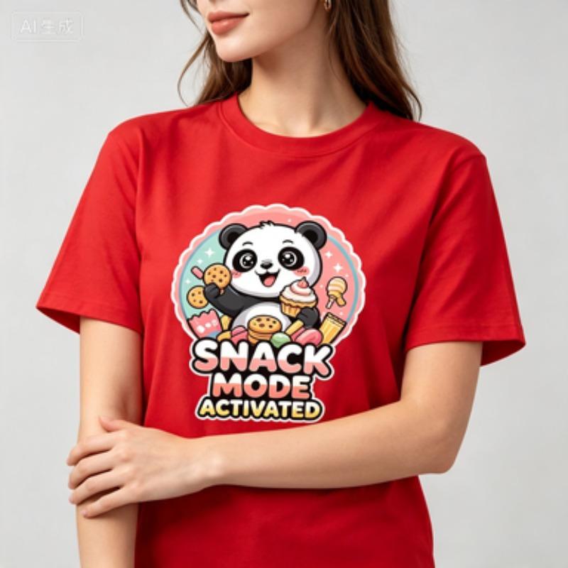 Kawaii Panda Unisex Cotton T Shirt Snack Mode Activated Cookie Dessert Graphic Foodie Lover Casual Crew Neck Tops