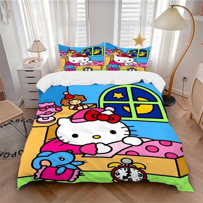 3pcs Goodnight Hello Kitty Bedding Set Includes Quilt Cover and Pillowcases, Suitable for All Seasons, Machine Washable Ideal Gift W026