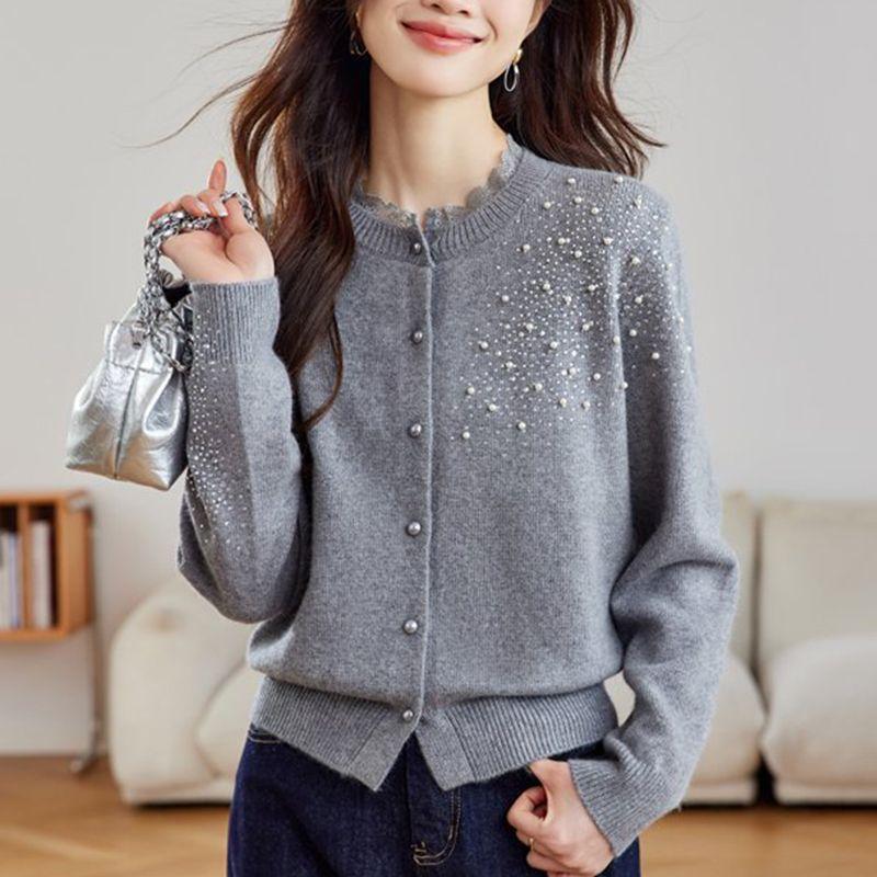

Женский свитер-жакет, весенняя одежда, новый кружевной воротник, вставка из бисера, короткий женский вязаный свитер-кардиган one size fits all серый