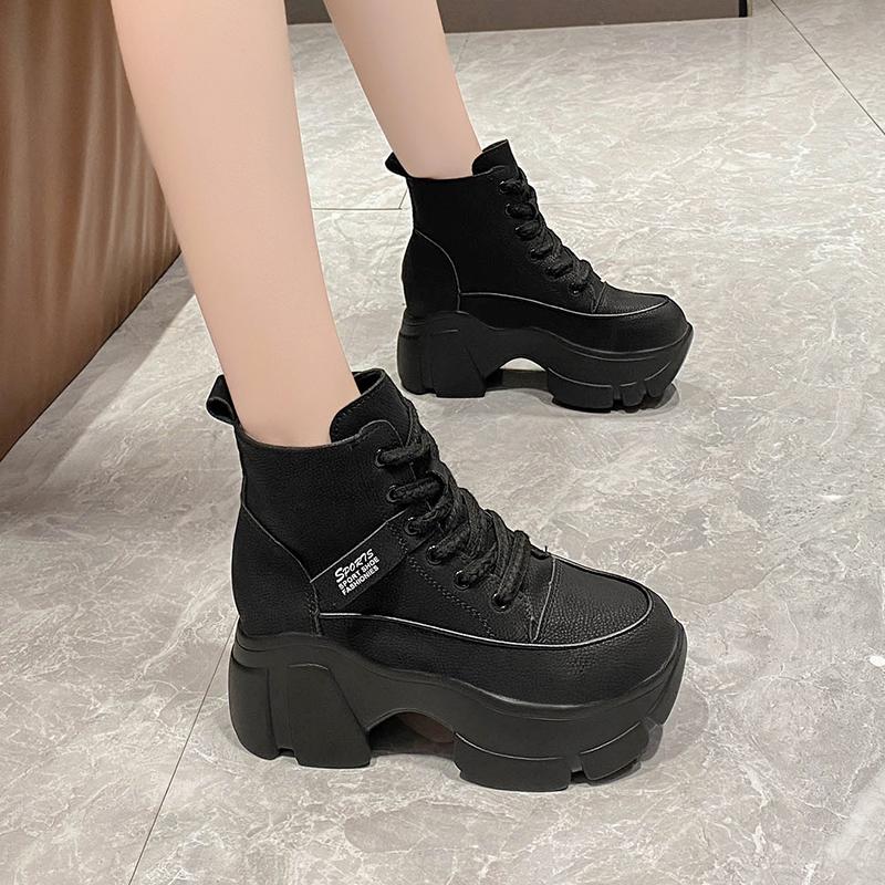 Retro Women's Sneakers High Quality Leather Platform Lace Up Round Head Mixed Colors High-top Increase Height Wedges Sport Shoes