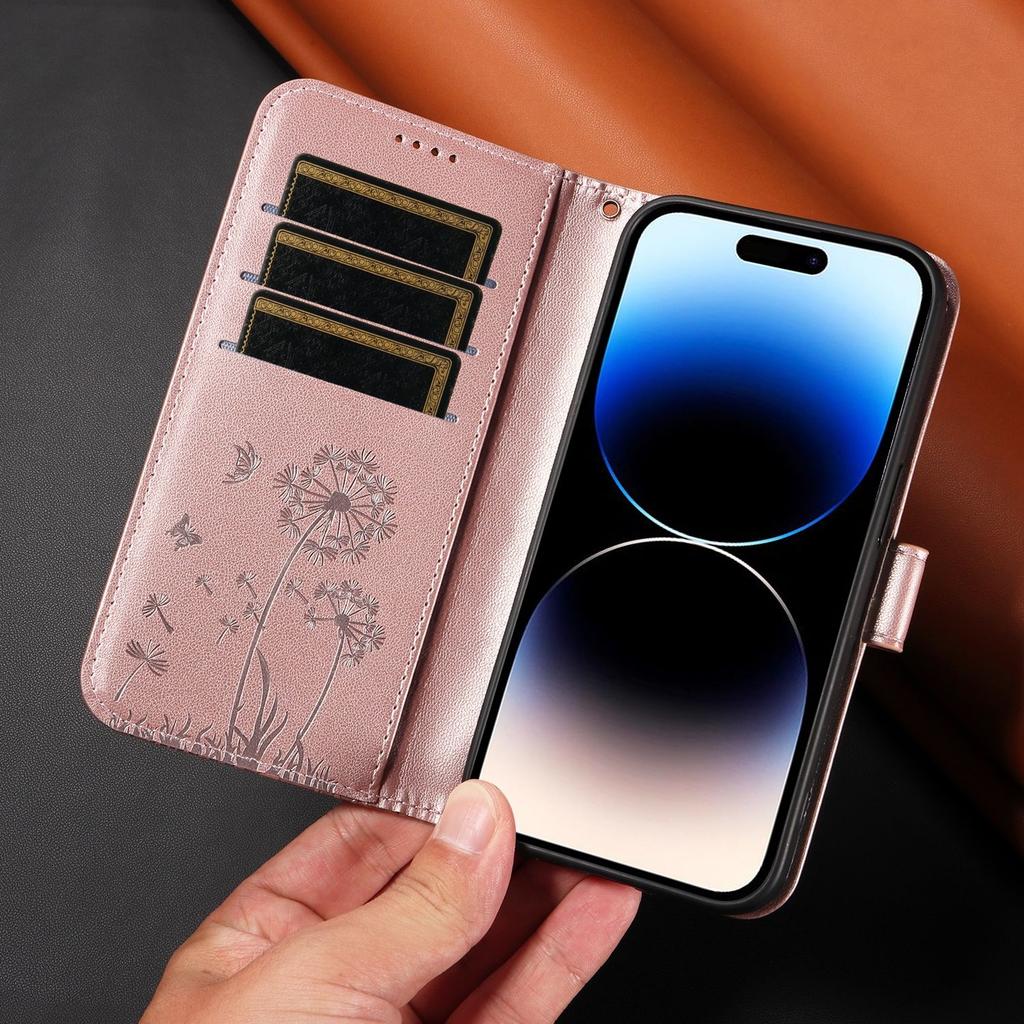 Leather Wallet Flip Case For OPPO A57S A77 A15 A15S A16 A16S A54S A17 A96 4G 5G Dandelion Embossed Design, Card Slots, Wrist Strap