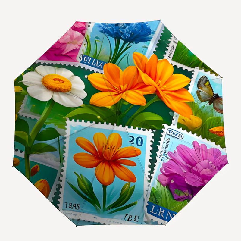 

1pc Flower Stamps Automatic Folding Umbrella - Compact 8-Rib Design, Durable Plastic & Iron, Daily Use Z1230075