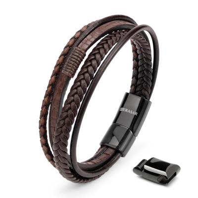 SERASAR Men's Brown Leather Bracelet, 23cm, Men's Leather Bangle Band, Arm Jewelry with Braided Wrap Chain