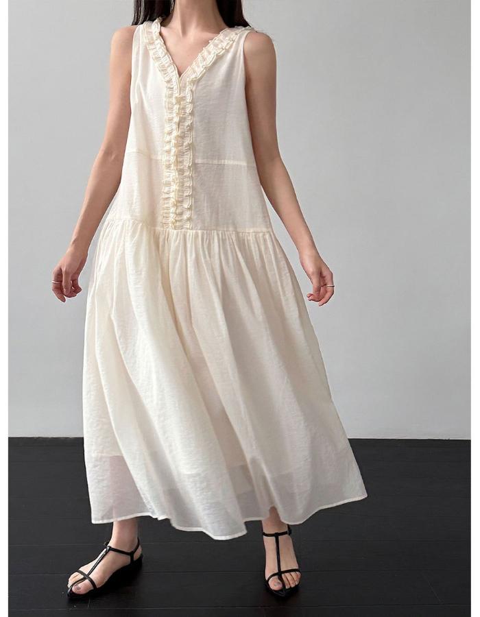 Johnature French Clear Fungus Edge A-line Korean Casual Loose Dresses Women Summer Sweet V-neck Sleeveless Dress