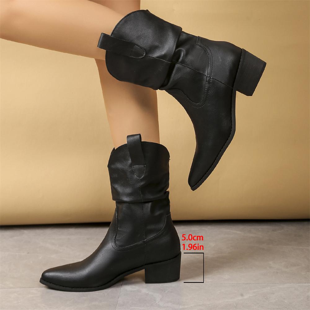 Big Size 43 Vintage Black Cowboy Boots Women Retro Leopard 5cm Heels Mid-calf Boots Shoes Winter Beige Cowgirls Western Boots