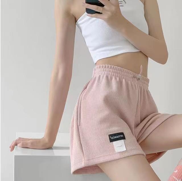 Women's Elastic Waist Waffle Shorts - Casual Loose Fit, High-Waisted, Wide Leg, Slim Sports Hot Pants