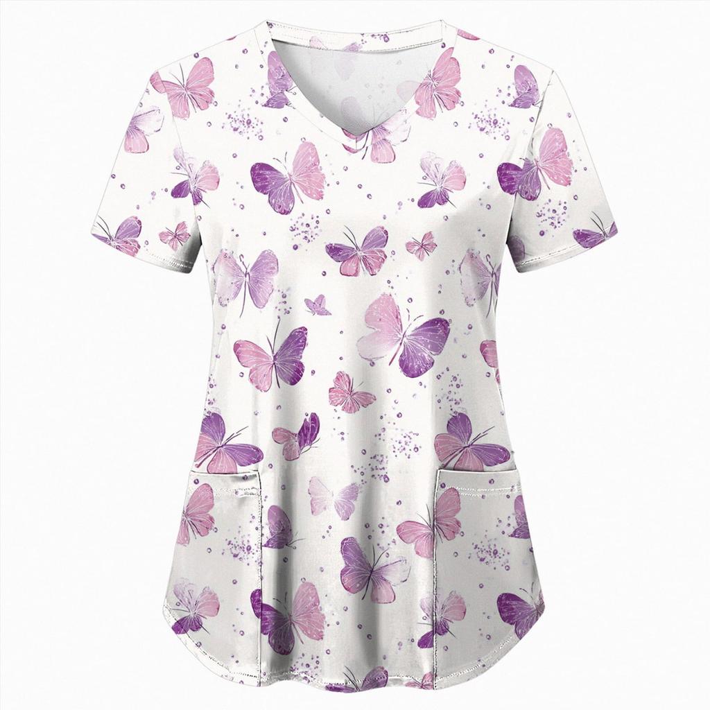 Uniforme Sanitario Enfermera Clínica Enfermería Mariposa Ropa de Trabajo Hospital Camiseta Camiseta Manga Corta Blusa Cuidadora Mujeres Trabajadoras Médico