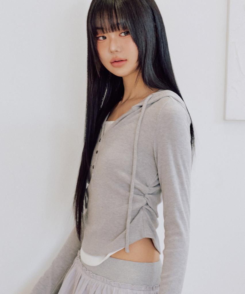 ZEROPLANET Eva Button Layered Knit Hoodie [Melange]