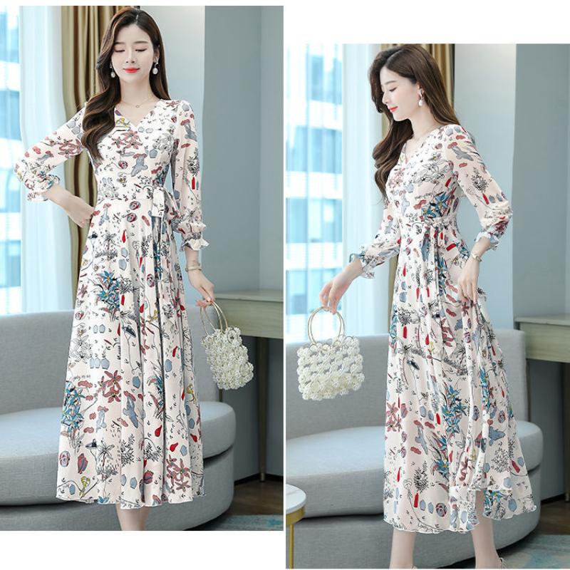 Elegant Floral Print Chiffon Dress Women's Spring Summer French Style V-neck Knee-length Fashionable Empire Waist Dresses