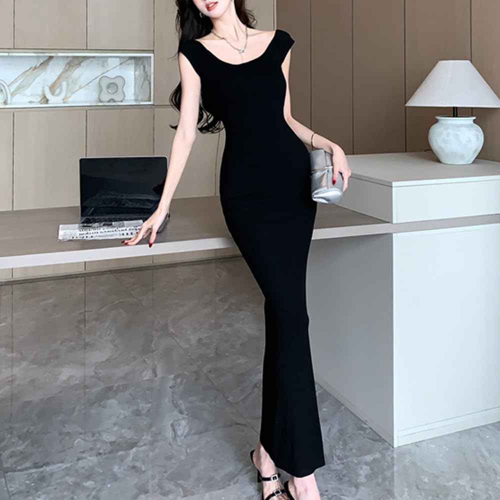 BEYANE Long Cabaret Tight Petite Party Stretch Club Cute Ribbed Maxi Length Dress, Dress, Off-the-Shoulder, Fit, Dress, Black, Long, Off-the-Shoulder,