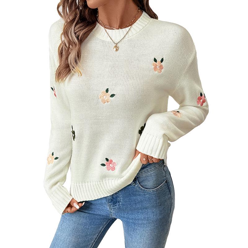 European 2026 Korean-Style Loose Round Neck Sweater with Ribbed Hem & Floral Embroidery for Women, Autumn/Winter Collection.