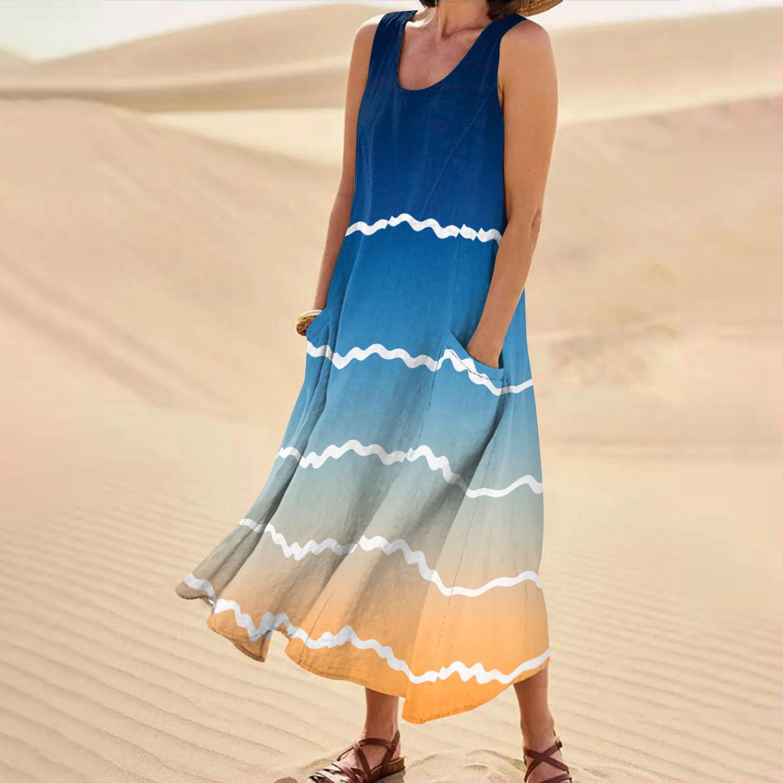 Женское летнее повседневное модное платье в полоску с принтом без рукавов и круглым — фото 8