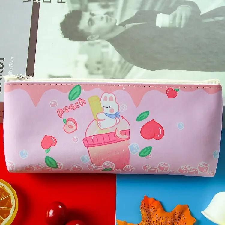 Cute Candy Color Cartoon Bear Rabbit Fruit PU Pencil Case Portable Large Capacity Stationery Storage Bag Kawaii School Supplies