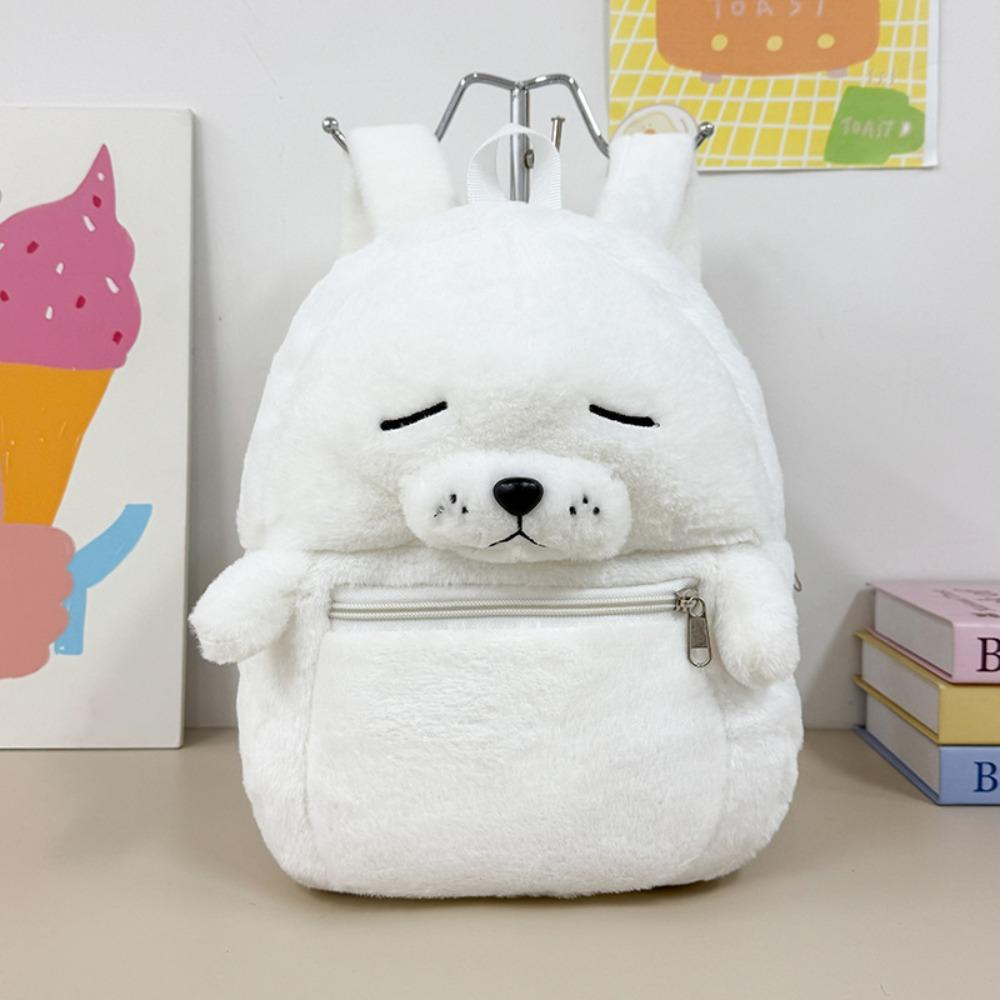 

Cartoon Cute Seal Backpack Solid Color Simple Fluffy Seal Schoolbag Versatile Lightweight Shoulder Bag Women Girl Accessories
