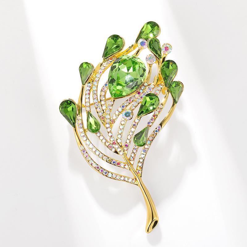 Bo Xin Yun Crystal Feather Brooch with Rhinestone Leaf Pin - Stylish Suit Accessory  Gift Corsage
