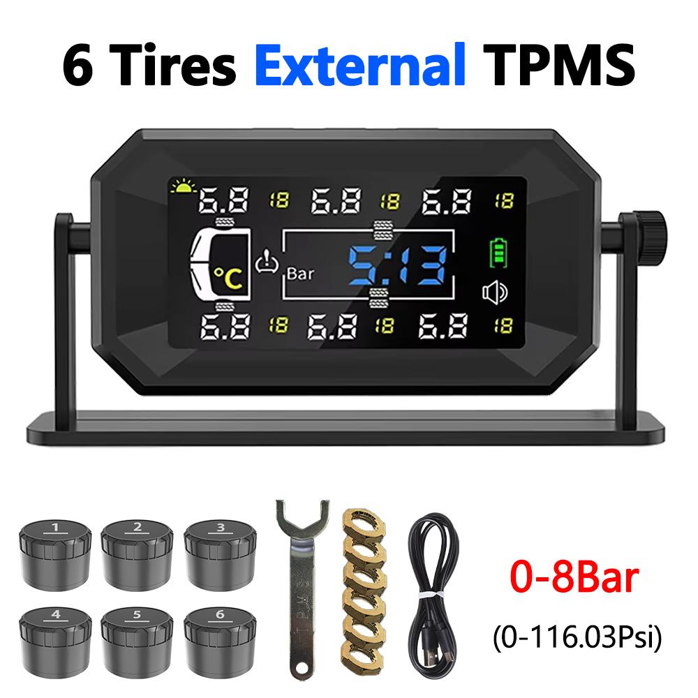 

SANAN Car RV Truck Intelligent TPMS Solar Tire Pressure Monitoring System 8Bar 15Bar Temperature Clock Air Alarm 6 Wheel Sensor 8Bar External TPMS
