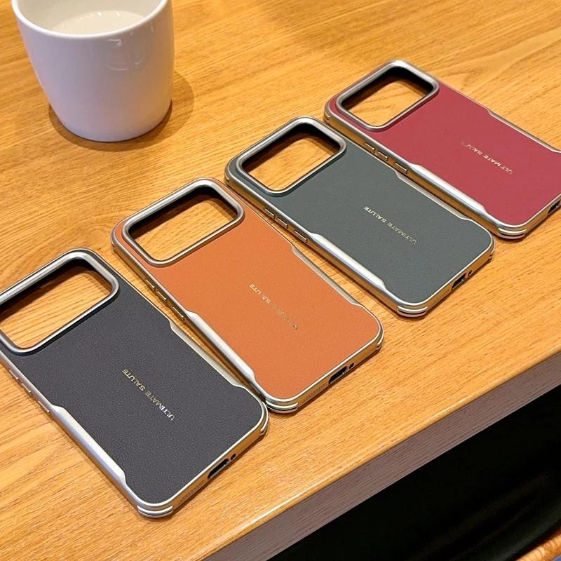 Business Texture PC Glossy Edge Splicing Leather Case For Xiaomi Poco F8 F7 Pro Ultra Metal Lens Frame Shockproof Protect Cover
