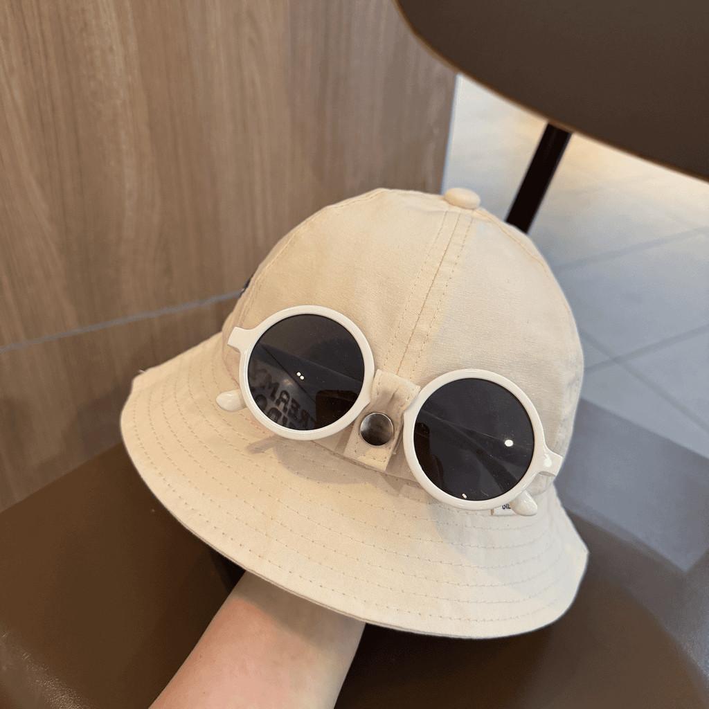 Kids Summer Cotton Fisherman Cap With Foldable Sunglasses Sunshade For Outdoor Activities бежевый