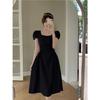 Summer Korean version of temperament pleated bubble sleeves square neck dress women's fashion French waist and thin A word medium and long dress