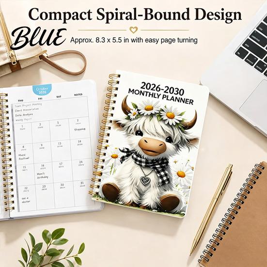 Five Year Success Growth Diary 2026‑2030 5‑Year Monthly Planner Cute Highland Cow Cover Calendar Notebook Organized Life Planner for Students 60