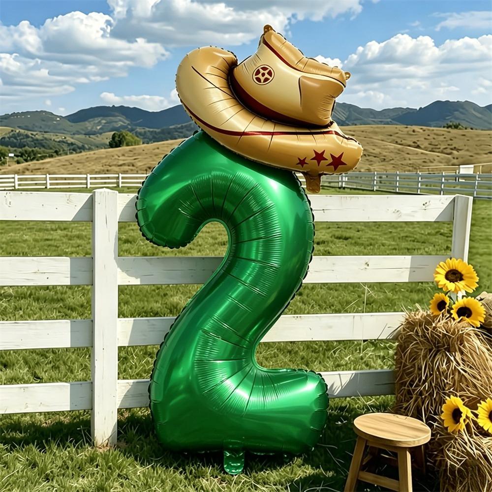 2pcs Farm Theme Party Balloon Set 32-Inch Green Number 0-9 Balloons Hat-Shaped Balloon Birthday Parties Anniversaries Decoration