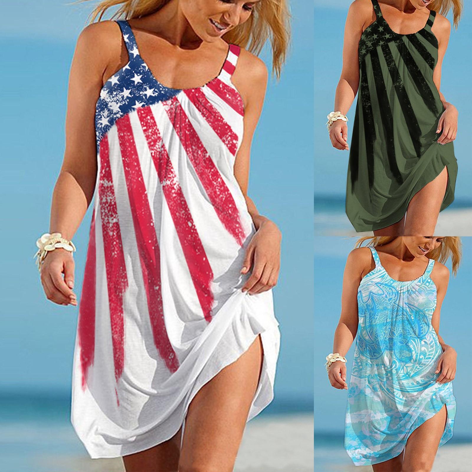 

День Независимости женщин случайных sleeveless танк Top Печатные колено Длина платье