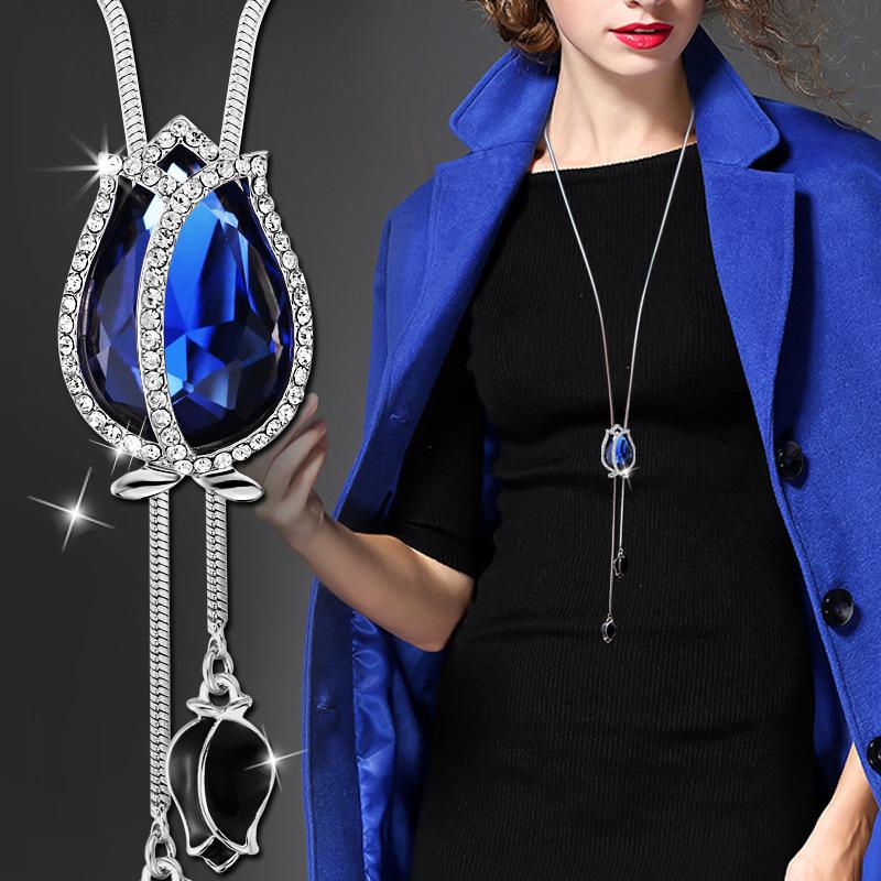 

Versatile Tulip Crystal Sweater Necklace - Women s Fashion Accessory срібний/синій