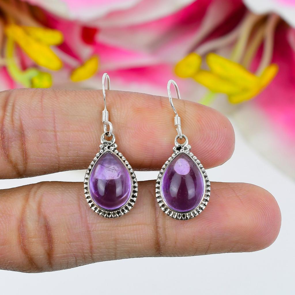 Natural Amethyst Gemstone Handmade 925 Solid Sterling Silver Earring 1.25" O3j33