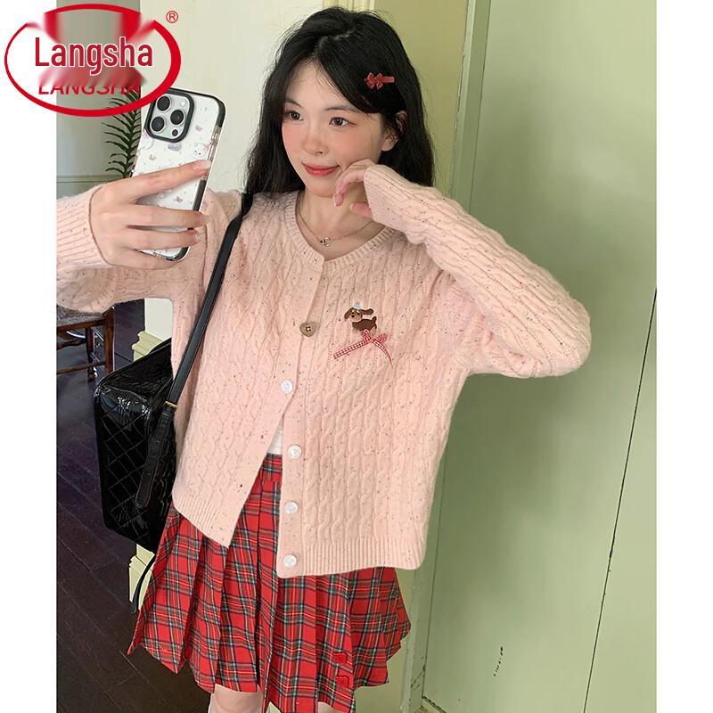 Langsha Women's Sweet Pink Bow-Knit Cardigan