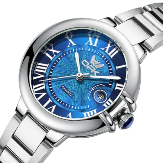 OPK Damenuhr, Quarz, Metallband, einfache Damenuhr, leicht, analog, Datum, wasserdicht, süße Studentenuhr für Frauen, Blau