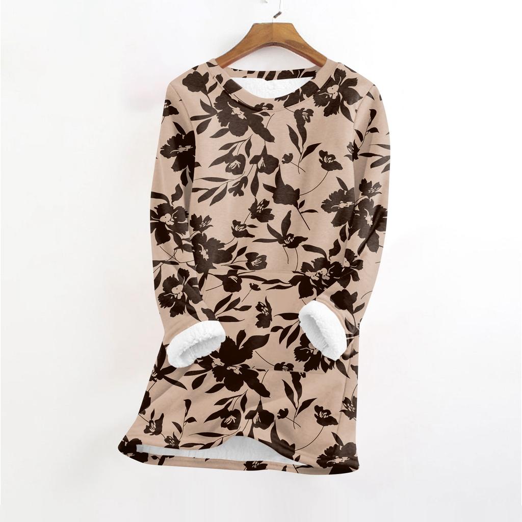 Women's Fashionable Printed Round Neck Long Sleeved Plush Warm Pullover Top