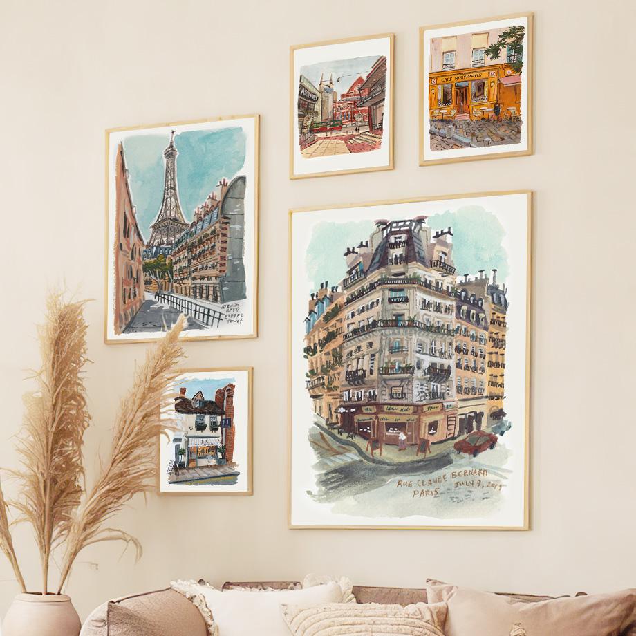 Ilustrație desenată manual Paris Tower Cafe, artă de perete, pictură pe pânză, postere și imprimeuri nordice, imagini de perete pentru decorarea camerei de zi