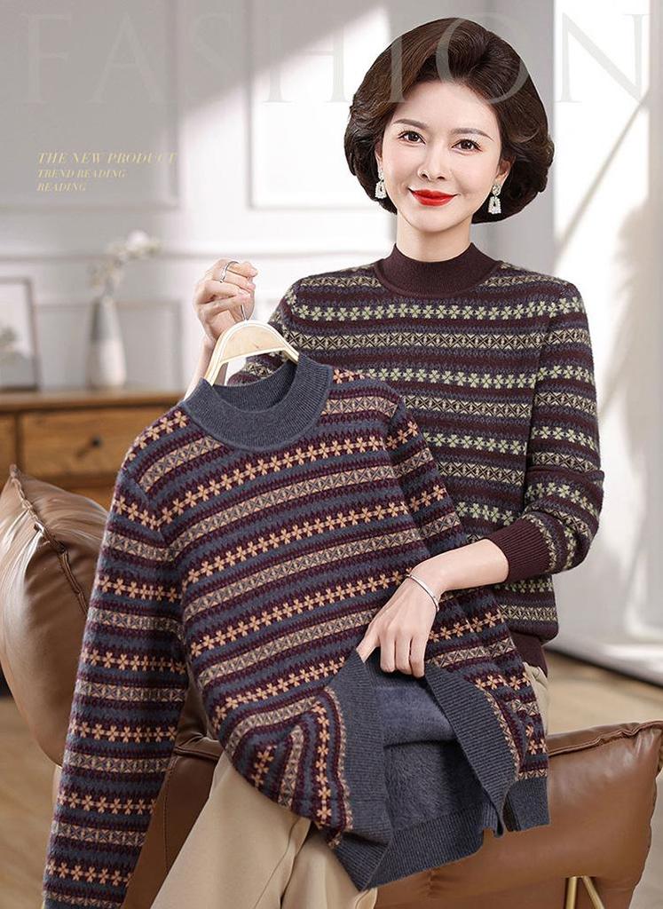 Mother's Winter Plus Velvet Sweater: Stylish, Fashionable, and Warm Base Layer for Middle-Aged and Elderly Women.