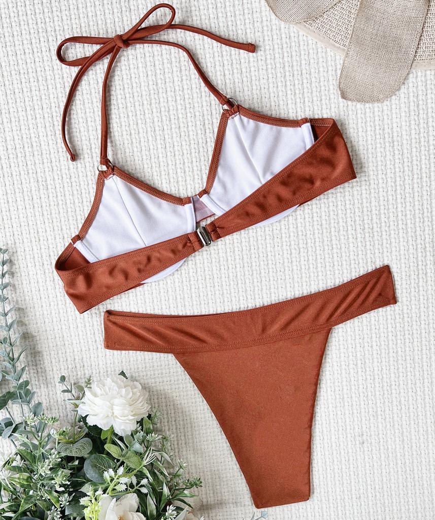 Dámské plavky Pevná ohlávka Dutá Push Up Sexy tanga bikiny Brazilské plavky na pláž